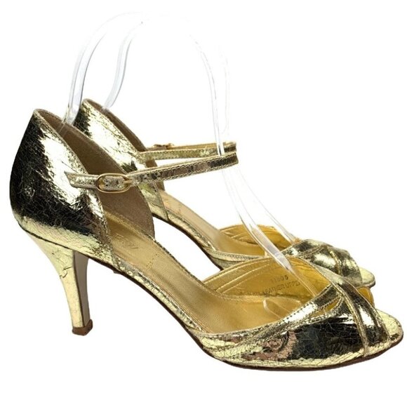 J crew heels size 6 gold Italian leather metallic peep toe party formal holiday - Picture 1 of 14